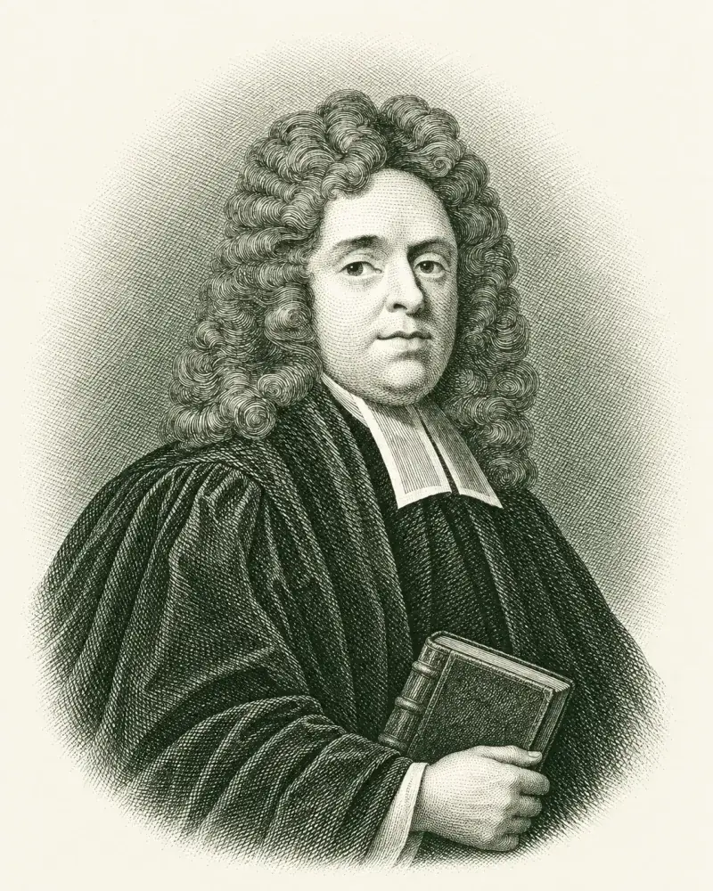 Ilustração de Matthew Henry em gravura verde, inspirada em um retrato histórico.
